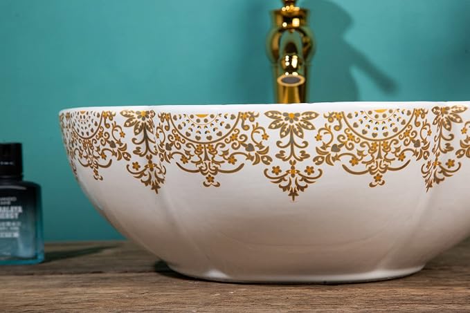 Moroccan Style White Gold Flower Shape Bathroom Vessel Sinks Art Ceramic Above Counter Sink Bowl for Vanity Top,Size Dia.16.4"
