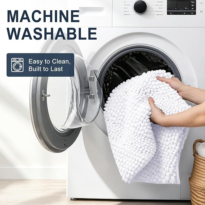 Smiry Thick Chenille Large Bathroom Runner Rugs 40x32, Soft Bath Mat, White | Quick‑Dry & Machine Washable, Non‑Slip Bath Carpet, Striped Bath Rugs for Tub & Shower, Modern Home Decor Accessories
