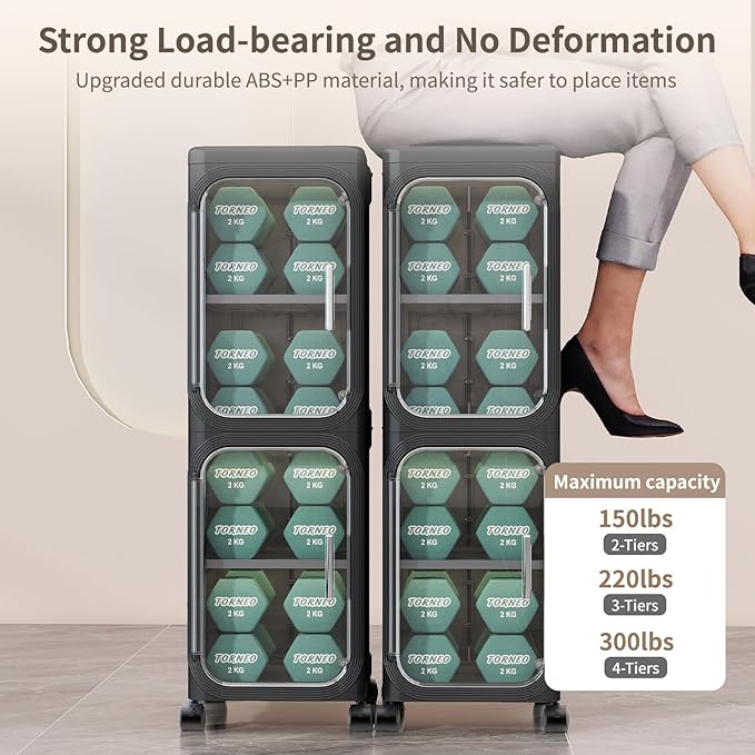 4 Tier Slim Bathroom Storage Cabinet, Foldable and Movable, Black | Tools Free, ABS and PET, Magnetic Clear Door, Adjustable Shelves, Lockable Wheels, Water Resistant, For Narrow Space