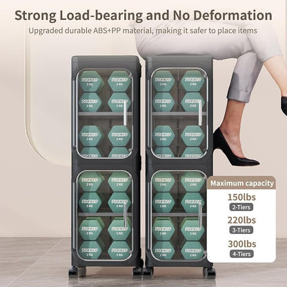 2 Tier Slim Bathroom Storage Cabinet, Foldable and Movable, Black | Tools Free, ABS and PET, Magnetic Clear Door, Adjustable Shelves, Lockable Wheels, Water Resistant, For Narrow Space