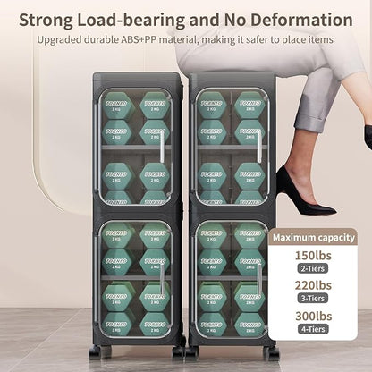 3 Tier Slim Bathroom Storage Cabinet, Foldable and Movable, Black | Tools Free, ABS and PET, Magnetic Clear Door, Adjustable Shelves, Lockable Wheels, Water Resistant, For Narrow Space