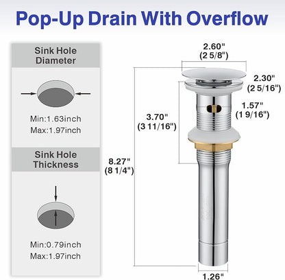 Bathroom Faucet with Sprayer, Chrome Single Hole with Pop-Up Drain | Kablle Single Handle Pull Out 1 or 3 Hole Laundry Bar Basin Faucet with Deck Plate, KBL-7002C-CL