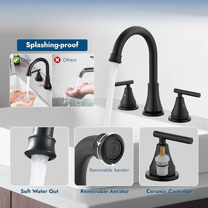 Widespread Bathroom Faucet 3 Hole, 8 inch Bathroom Sink Faucet with Pop-up Drain and Supply Lines, Two Handles, Stainless Steel, Matte Black