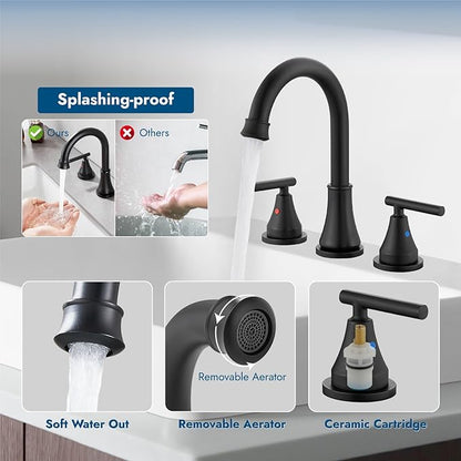 Widespread Bathroom Faucet 3 Hole, 8 inch Bathroom Sink Faucet with Pop-up Drain and Supply Lines, Two Handles, Stainless Steel, Matte Black