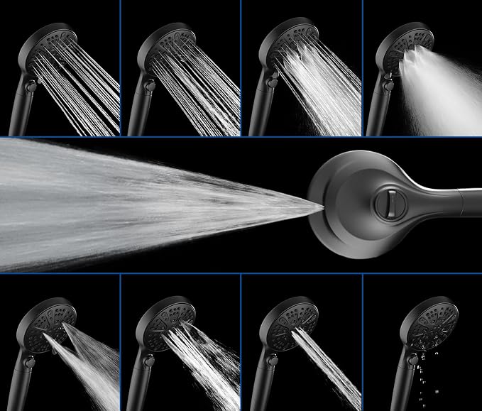 Rain Shower Head with Filtered Handheld Spray Combo Black 2.5 GPM | 10” Rainfall Showerhead with 9-Spray Detachable Handheld, High Pressure, ON/OFF Switch, 15-Stage Filter, Jet for Cleaning