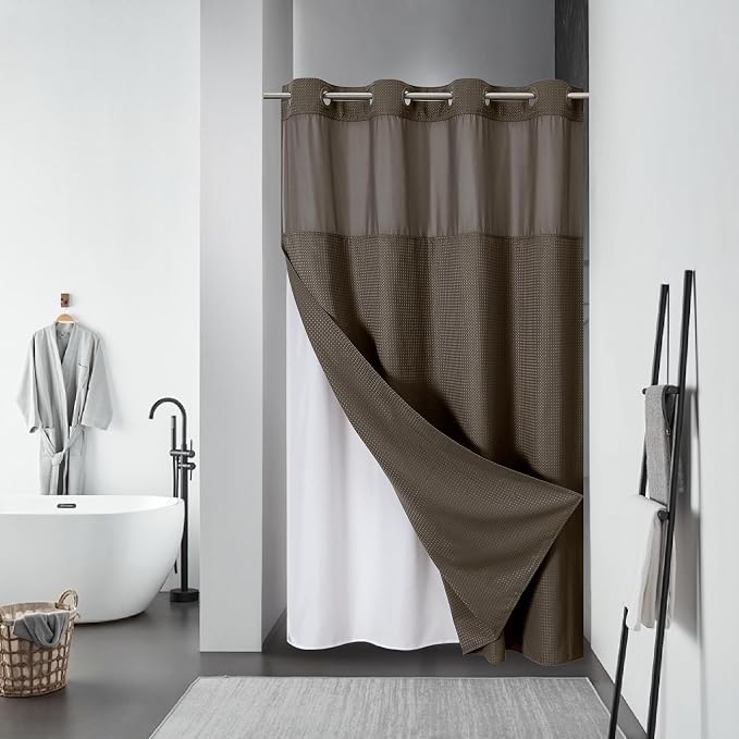 eachope No Hook Waffle Shower Curtain with Snap-in Liner, 54x80 Inch, Brown | 230GSM waffle weave fabric, waterproof liner set with 2 bottom magnets, mesh window, washable, for shower stalls or bathrooms