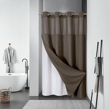 eachope No Hook Waffle Shower Curtain with Snap-in Liner, 54x80 Inch, Brown | 230GSM waffle weave fabric, waterproof liner set with 2 bottom magnets, mesh window, washable, for shower stalls or bathrooms