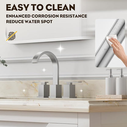 Brushed Nickel 3 Hole Bathroom Faucet 8 Inch Waterfall Vanity Faucet, Bathroom Sink Faucet with Pop Up Drain and Water Supply Line, WF011-BN