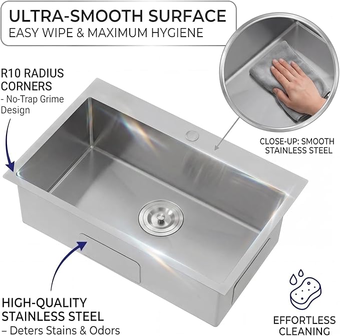 VAPSINT 22x18 Inch Drop In Kitchen Sink, 22 Inch 16 Gauge T304 Stainless Steel Topmount Small Kitchen Bar Sink, Handmade Single Bowl Outdoor RV Laundry Utility Prep Sink with Basket Strainer