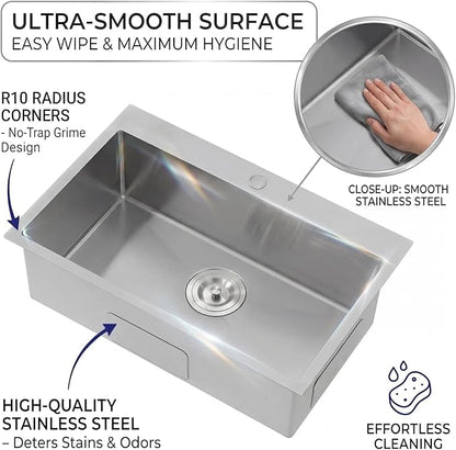 VAPSINT 22x18 Inch Drop In Kitchen Sink, 22 Inch 16 Gauge T304 Stainless Steel Topmount Small Kitchen Bar Sink, Handmade Single Bowl Outdoor RV Laundry Utility Prep Sink with Basket Strainer