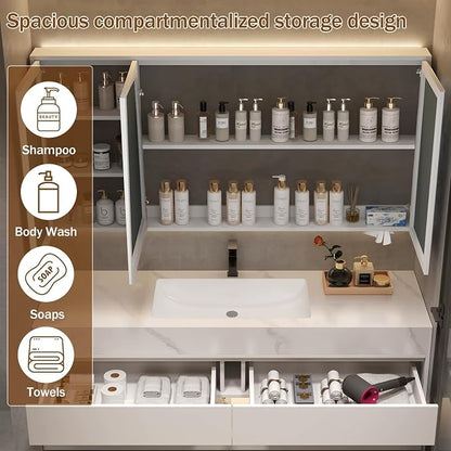 Bathroom Vanity with Sink, Single Sink Bathroom Vanity with Smart LED Defog Mirror, Display Time, Ceramic Sink, Soft Closing, Fully Pre-Assembled (White, 64in Medicine Cabinet‌ Double Sink)