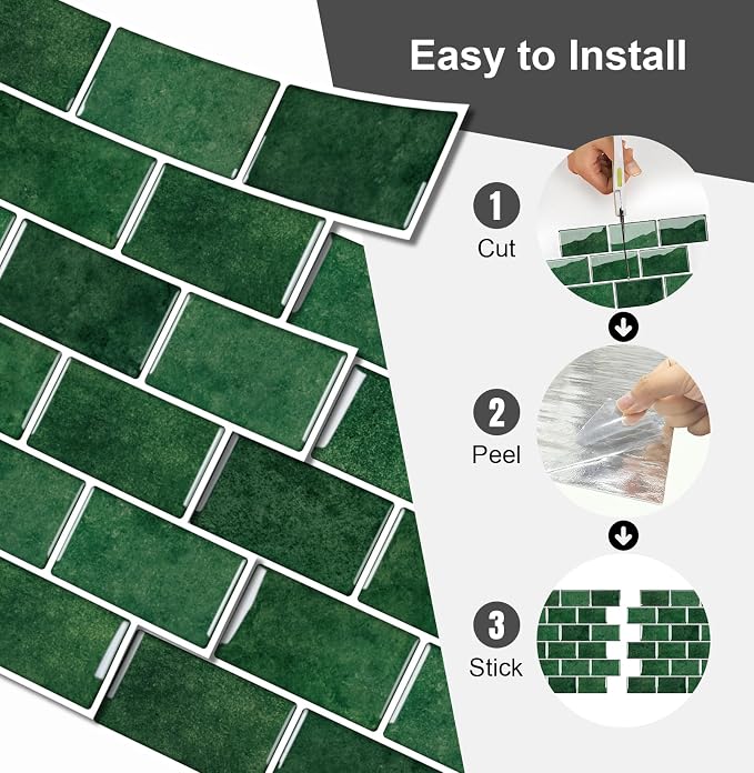 10 Sheets Thicker Design Peel and Stick Backsplash for Kitchen and Bathroom, 12"x12", Green