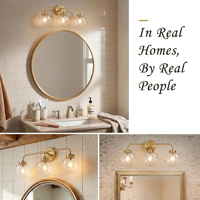 Modern Brushed Gold Vanity Lights for Bathroom, Mid Century 3 Light Bathroom Vanity Light with Globe Clear Glass Shade Over Mirror, Brass Wall Sconce for Bathroom Hallway Living Room Bedroom
