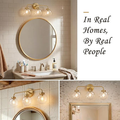Modern Brushed Gold Vanity Lights for Bathroom, Mid Century 3 Light Bathroom Vanity Light with Globe Clear Glass Shade Over Mirror, Brass Wall Sconce for Bathroom Hallway Living Room Bedroom