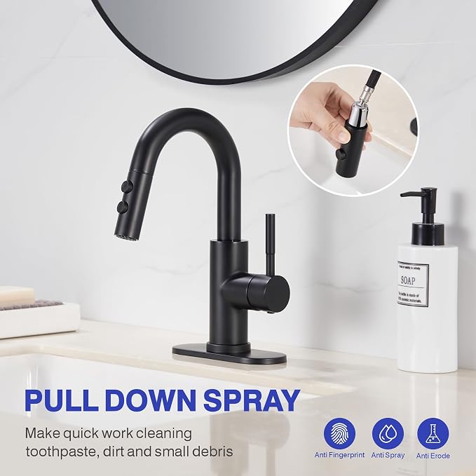 Bathroom Faucet with Sprayer, Matte Black Single Hole with Pop-Up Drain | Kablle Single Handle Pull Out 1 or 3 Hole Laundry Bar Basin Faucet with Deck Plate, KBL-7002B-CL