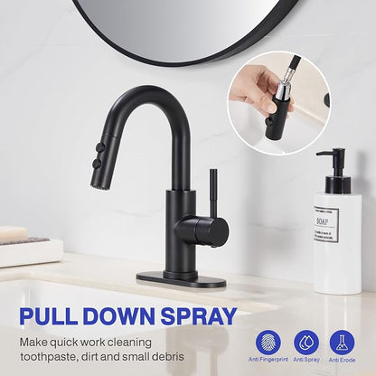 Bathroom Faucet with Sprayer, Matte Black Single Hole with Pop-Up Drain | Kablle Single Handle Pull Out 1 or 3 Hole Laundry Bar Basin Faucet with Deck Plate, KBL-7002B-CL