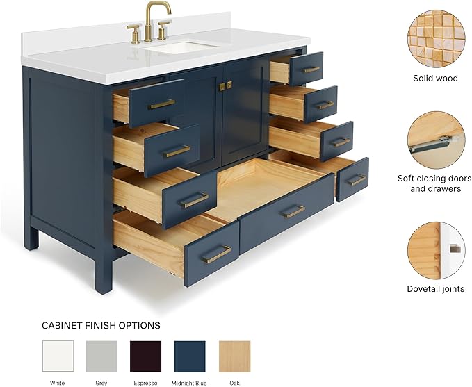 ARIEL Cambridge 60-inch Bathroom Vanity with Sink,Solid Wood, 1.5-inch Pure White Quartz Countertop, Single Rectangular Porcelain Sink, 2 Soft Closing Doors, 9 Dovetail Drawers, Midnight Blue