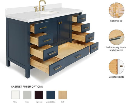 ARIEL Cambridge 60-inch Bathroom Vanity with Sink,Solid Wood, 1.5-inch Pure White Quartz Countertop, Single Rectangular Porcelain Sink, 2 Soft Closing Doors, 9 Dovetail Drawers, Midnight Blue