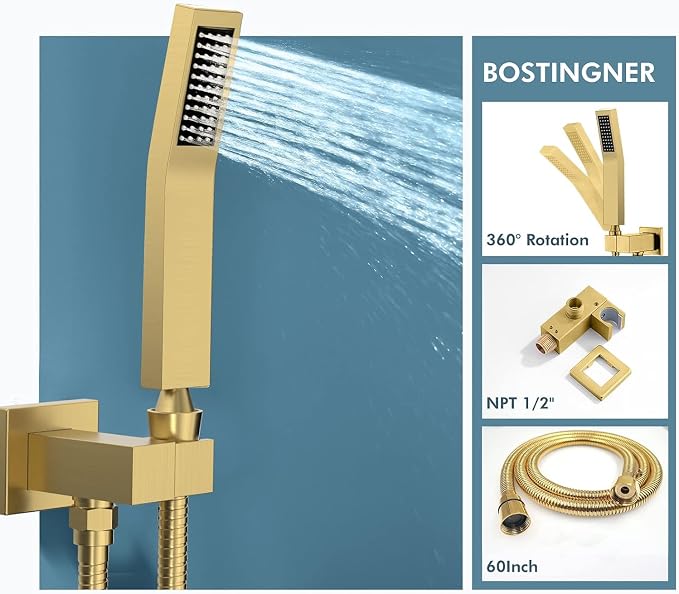 Shower System with Body Jets,Bostingner 12" Rain Shower and Handheld, Can Use All Spray at A Time,Wall Mount Push Button Shower Faucet Set with Valve and Trim Kit Included,Brushed Gold
