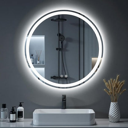 NEWBULIG 30'' Round LED Bathroom Mirror with Lights, Circle Vanity Mirror | Anti-Fog, Dimmable, 3-Color Light, Front Light and Backlit, Memory Function, Tempered Glass