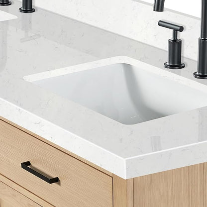 ARIEL Hepburn 72-inch Bathroom Vanity with Sink,Solid Wood, 1.5-inch Carrara White Quartz Countertop, Double Rectangular Porcelain Sink, 4 Soft Closing Doors, 6 Dovetail Drawers, White Oak