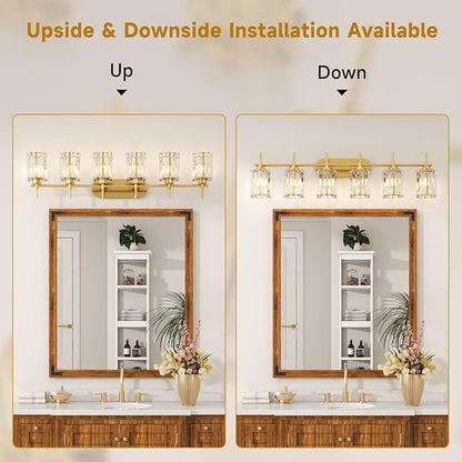 Hasipu Bathroom Vanity Light Fixtures, 8-Light Brushed Gold Vanity Wall Light Bar with Clear Glass Shade, Lighting Fixtures Over Mirror for Bathroom Bedroom Living Room Hallway Cabinet Porch