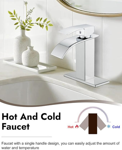 Midanya Waterfall Spout Bathroom Faucet Single Handle 1 Hole Bathroom Sink Faucet,Modern RV Lavatory Vanity Basin Tap with Water Hose,No Drain,Short Body,Polish Chrome