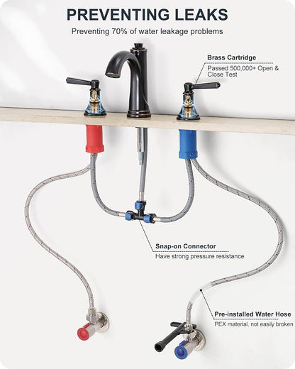 Oil Rubbed Bronze Bathroom Faucet 3 Hole, 8 Inch 2 Handles with Drain | Lead-Free Brass, Widespread Bathroom Sink Faucet, Pre-installed cUPC Supply Lines, 10 Mins Install, For Vanity Rv Farmhouse