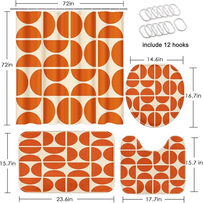 Bathroom Sets with Shower Curtain and Rugs, 4 Pcs, Minimalist Boho | Abstract Vintage Geometric Bathroom Decor Set with Toilet Lid Cover, Non-Slip Bath Mats and Accessories 12 Hooks