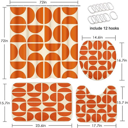 Bathroom Sets with Shower Curtain and Rugs, 4 Pcs, Minimalist Boho | Abstract Vintage Geometric Bathroom Decor Set with Toilet Lid Cover, Non-Slip Bath Mats and Accessories 12 Hooks