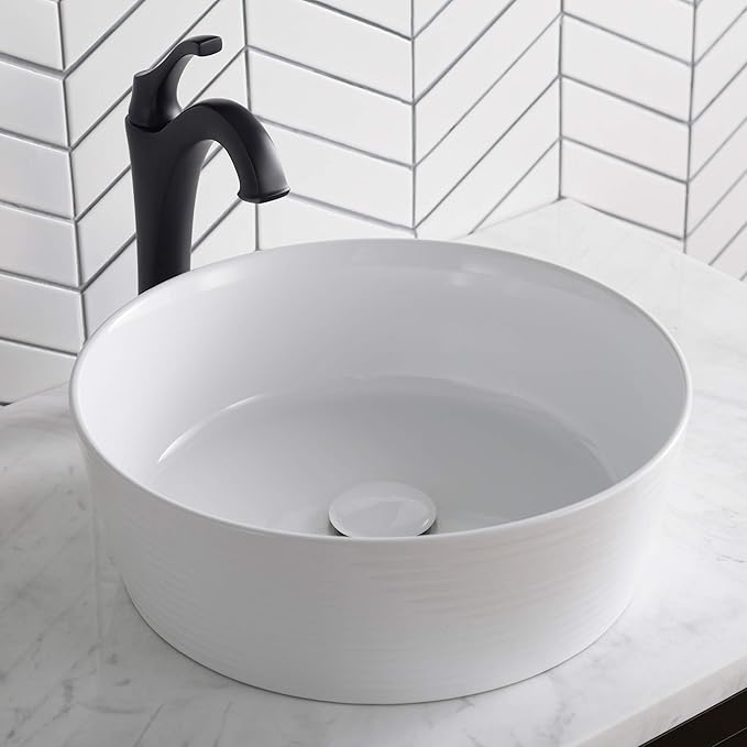 KRAUS Viva™ Round White Porcelain Ceramic Vessel Bathroom Sink, 15 3/4 in. D x 5 3/8 in. H, KCV-205GWH