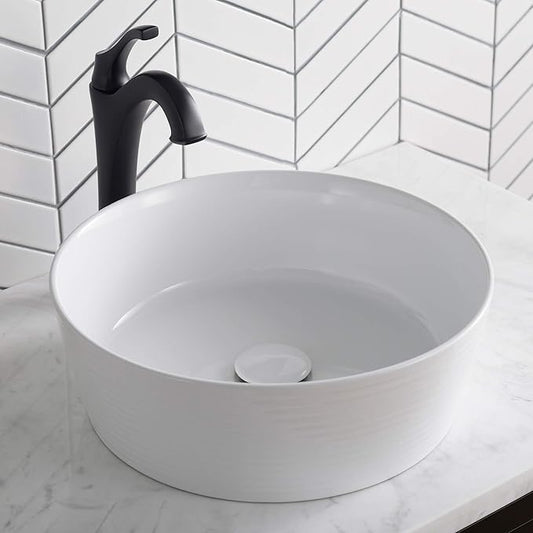KRAUS Viva™ Round White Porcelain Ceramic Vessel Bathroom Sink, 15 3/4 in. D x 5 3/8 in. H, KCV-205GWH