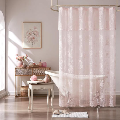 SEEKRIGHT Pink Lace Shower Curtain with Attached Valance Romantic Floral Shower Curtain Cute Scalloped Edge Lace Shabby Chic Bath Curtains for Spa Hotel Bathroom Farmhouse Decor, 1 Panel, 72x72