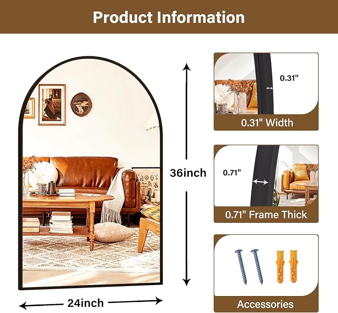 XRAMFY 24"x36" Black Arched Bathroom Mirror - Wall Mirror for Bedroom | Metal Frame Vanity Mirror, Dresser Mirror, Arch Decorative Mirrors for Living Room, Bedroom, Entryway, Mantle