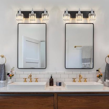 Chrome Bathroom Vanity Lights, Modern 3 Lights Crystal Bathroom Lighting Fixtures Over Mirror Black Chrome Wall Light with Square Shade