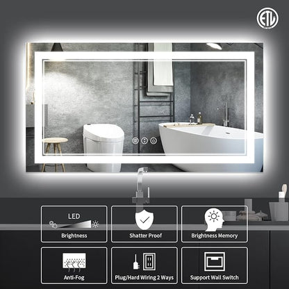 55x30 Inch LED Bathroom Mirror with Lights | Front and Backlit, 3 Colors, Dimmable, Memory, Anti Fog, Shatterproof, Horizontal/Vertical, Lighted Mirrors for Bathroom Wall