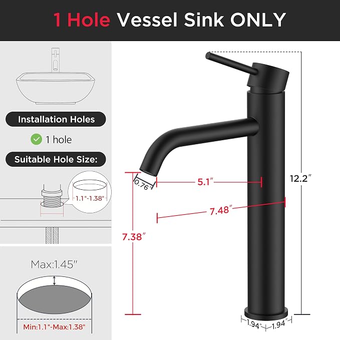 FORIOUS Vessel Sink Faucets Single Handle, Black Tall Bathroom Faucet | for 1 Hole Vessel Sink Only, Modern Faucet with Pop up Drain, for Basin Bowl Vanity Lavatory Residential/Commercial Use