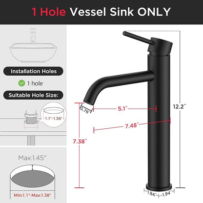 FORIOUS Vessel Sink Faucets Single Handle, Black Tall Bathroom Faucet | for 1 Hole Vessel Sink Only, Modern Faucet with Pop up Drain, for Basin Bowl Vanity Lavatory Residential/Commercial Use