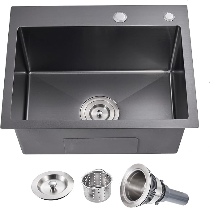 22"x18" Drop-In Single Bowl Sink Black Stainless Steel Handmade | 22 inch Drop-in Kitchen Sink | SUS304 SS | Topmount | Single bowl | 9" Deep Basin | Bar/prep area