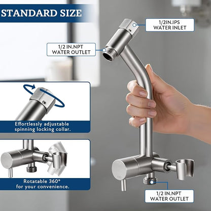 G-Promise Metal Shower Diverter with Low Handheld Holder (Brushed Nickel) | 6 Inch Downward-Extend Bracket for All Heights, 4 Spray Modes with Pause Mode, Anti-Leak, Easy Install, Universal Replacement