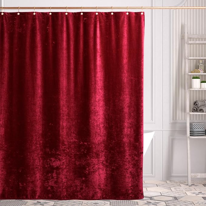 TAMGHO Crushed Velvet Shower Curtain, Marron Red, 72 x 72 | Luxury Crushed Velvet, Gold Decor Metal Hooks, Machine Washable, Thick Fabric