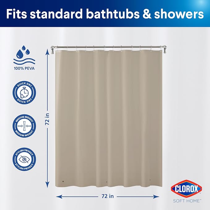 Clorox Shower Curtain Liner, Premium Colored Medium-Weight Durable Waterproof 6g PEVA for Bathroom with Weighted Magnets, Standard Size 72" x 72", Tan
