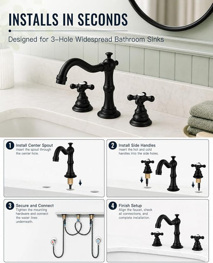 gotonovo Bathroom Faucet 3 Hole Vintage, Matte Black, Hot Cold Label | Widespread Bathroom Sink Faucet 8 Inch 2 Cross Handles,Pop Up Drain,cUPC Supply Line,4-15.7” Install,for Vanity Farmhouse RV