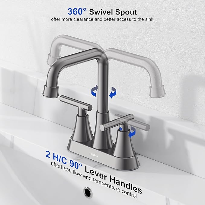 Bathroom Sink Faucet, Hurran Brushed Grey Bathroom Faucets for Sink 3 Hole with Pop-up Drain and Supply Hoses, 360 Swivel Spout 2-Handle Centerset Faucet for Vanity RV Farmhouse