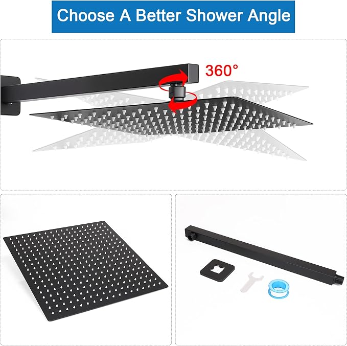 Shower Head with Extension Arm, High Pressure Square with ShowerArm, Stainless Steel Rainfall-Waterfall Full Body Coverage (10'' Shower with 16'' Arm, Matte Black)