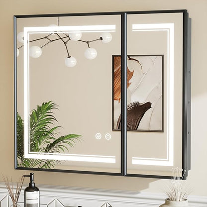 TETOTE Black Lighted Medicine Cabinet Mirror with Led Lights 30 x 26 Wall Mount or Recessed Bathroom Cabinet with Storage, 2 Door Tempered Glass Led Vanity Cabinet, 2 Outlets, 3-Color Dimming, Defog