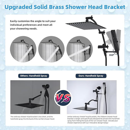 Hibbent All Metal CUPC Certified 12'' Rainfall Shower Head, Dual Shower Head Combo, High Pressure Handheld 4 Sprays Shower Wand, 16'' Adjustable Extension Arm, 71'' Hose, Shower Holder, Matte Black