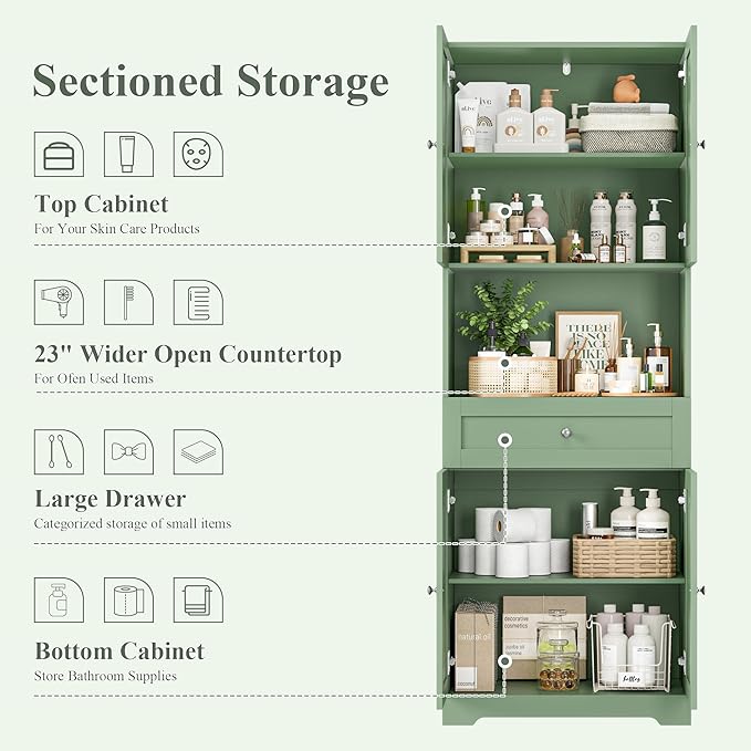 HIFIT Tall Bathroom Storage Cabinet with Drawer, Modern Linen Cabinet,Green | 67"H Tall Storage Cabinet with Doors & Shelves, Freestanding Kitchen Pantry for Bathroom, Dining Room, Laundry, Narrow Corner