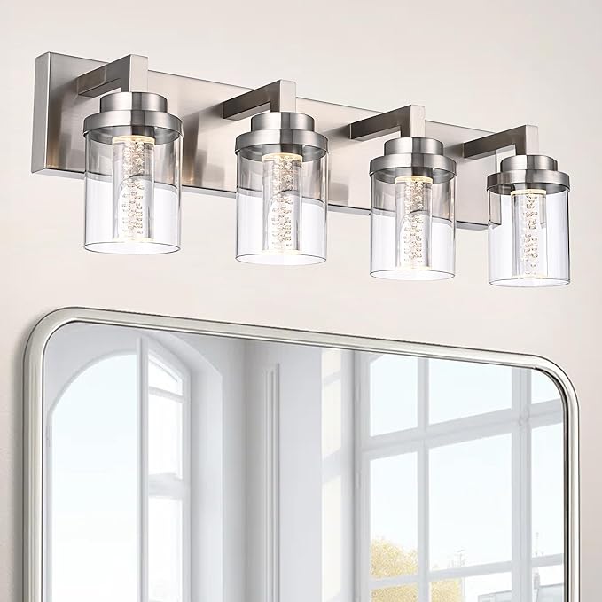 MELUCEE 4-Light LED Bathroom Lighting Fixtures Brushed Nickel 3000K-6000K | Dimmable LED Vanity Light for Bathroom 5CCT Bubble Crystal Bath Wall Lights with Clear Glass Shade, Built-In Led Chips