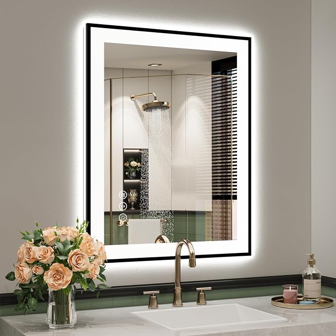 24x30 LED Bathroom Mirror with Lights, Black Framed Lighted Mirror | Backlit and Front Light, Anti-Fog, 3 Color Dimmable, Memory, Tempered Glass, IP54 Waterproof, UL Listed